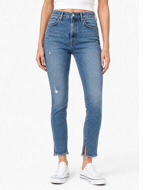 Agolde Nico Slim High Rise Jeans Womens Size 25 Blue Distressed Slits Button Fly